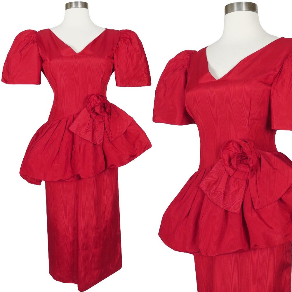 Vintage 80s Red Taffeta Puff Sleeve Peplum Full Skirt Sheath Prom Party Dress S